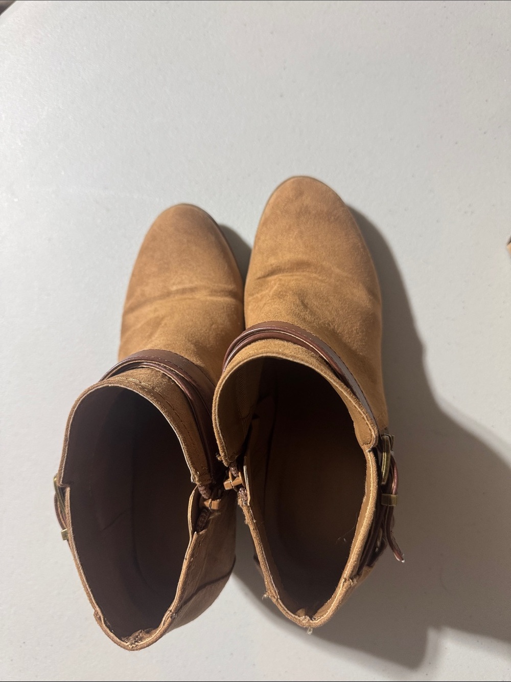 Indigo Tan Suede Ankle Booties with Buckle Detail